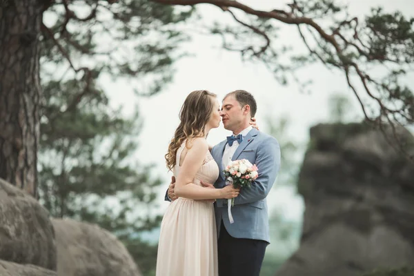 Boda pareja enamorada besándose y abrazándose cerca de rocas en hermoso paisaje —  Fotos de Stock