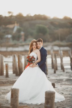 Güzel genç düğün çift, gelin ve damat arka plan denizde ahşap direklerin yakın poz