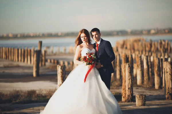 Hermosa joven pareja de boda, novia y novio posando cerca de postes de madera en el mar de fondo —  Fotos de Stock