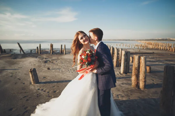 Elegante pareja de boda feliz elegante, novia, magnífico novio en el fondo del mar y el cielo —  Fotos de Stock