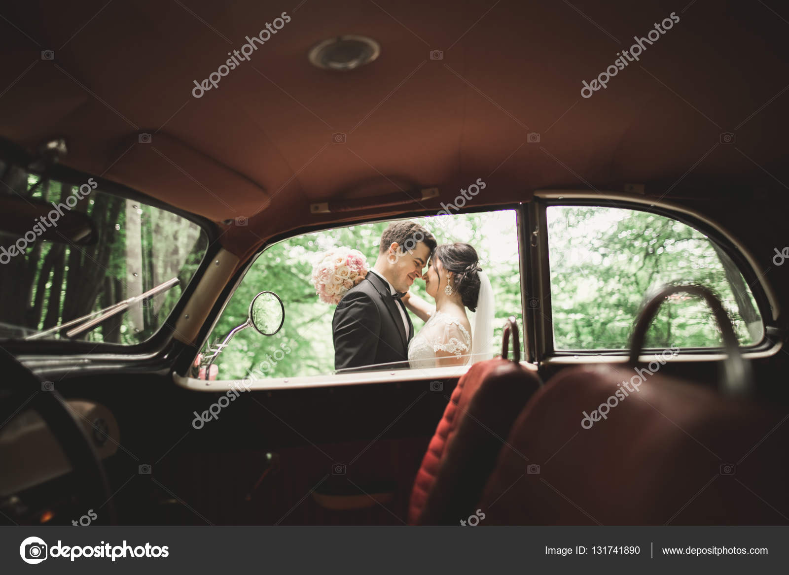 Premium Photo | Rear view in a car of beautiful young happy love couple  looking each other.