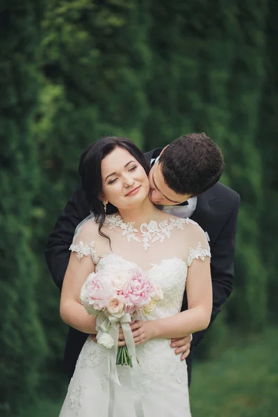 Hermosa pareja romántica de recién casados abrazándose en el parque en la puesta del sol —  Fotos de Stock