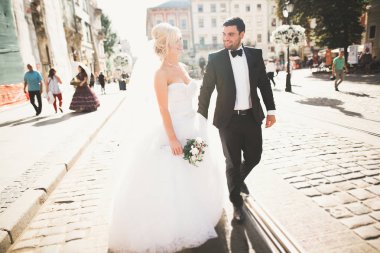 Mükemmel bir çift gelin ve damat düğün günlerinde poz verip öpüşürler.