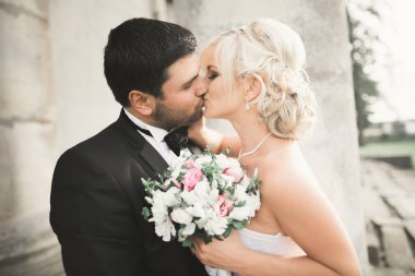 Bahar mevsiminde öpüşen düğün çifti. Yakın plan portre.