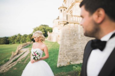 Güzel, romantik bir düğün. Yeni evliler. Eski kalenin yakınlarında sarılıyorlar.