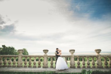 Şehvetli evli çift, eski Slav kalesinin önünde sevgililer günü kucaklaşması.