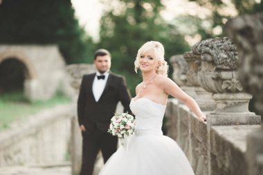 Güzel, romantik bir düğün. Yeni evliler. Eski kalenin yakınlarında sarılıyorlar.