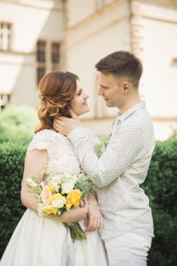 Güzel bir peri masalı yeni evli çift eski ortaçağ şatosunun yakınlarında sarılıyor.