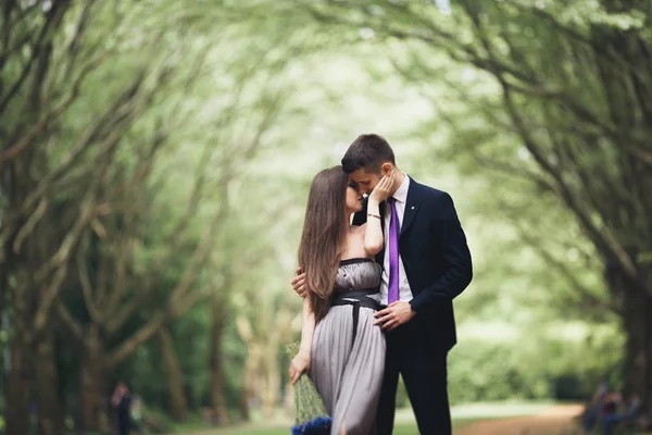 Jovem casal bonito, menina com vestido perfeito posando no parque — Fotografia de Stock