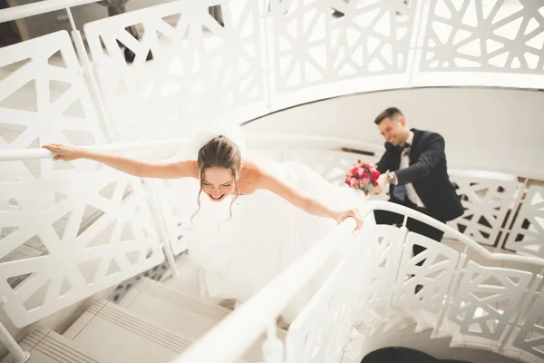 Coppia perfetta sposa, sposo posa e baci nel loro giorno del matrimonio — Foto Stock