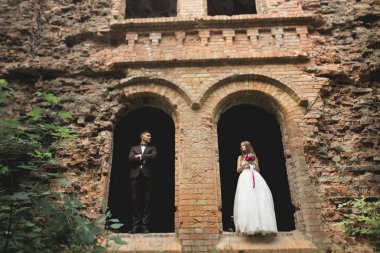 İnanılmaz mutlu nazik stil güzel romantik beyaz çift arka planda antik barok kalesinde