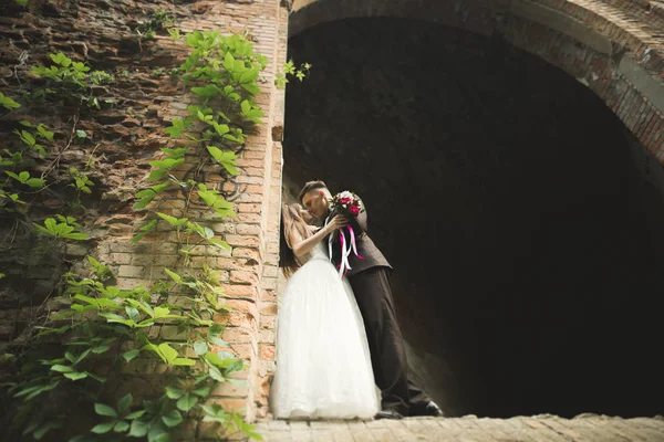 Bella coppia di sposi romantici che si abbracciano vicino al vecchio castello — Foto Stock