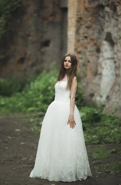 Gorgeous romantic gentle stylish beautiful caucasian bride on the background ancient baroque castle — Stock Photo, Image