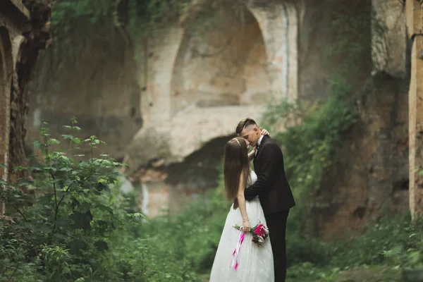 Amazing happy gentle stylish beautiful romantic caucasian couple on the background ancient baroque castle — Stock Photo, Image