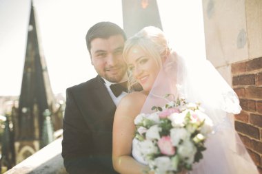 Öpüşen düğün çifti güzel manzarada kalıyor.