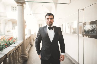 Arka plan eski kale üzerinde poz şık damat