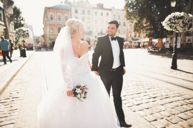 Mükemmel bir çift gelin ve damat düğün günlerinde poz verip öpüşürler.