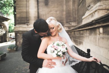 Lüks evli çift, gelin ve damat eski şehirde poz veriyor.