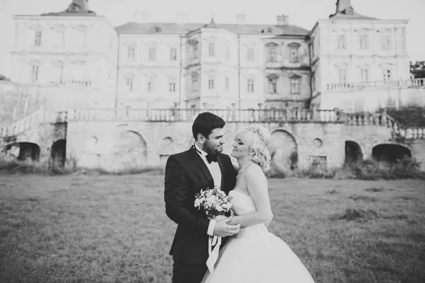 Happy wedding couple hugging and kissing on background old castle — Stock Photo, Image