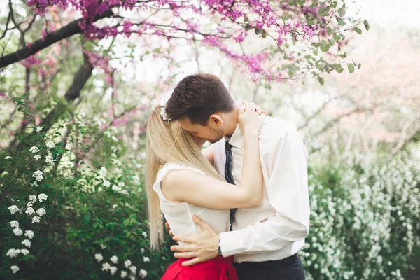 Snygg vacker glad bröllop par kyssar och omfamna i botaniska trädgården — Stockfoto