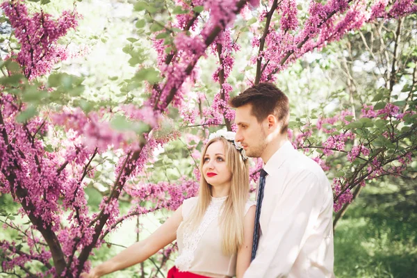 Стильний красиве весільне щасливі пари цілуватися і, обнявши в ботанічному саду — стокове фото