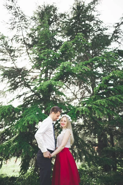 Elegante hermosa boda feliz pareja besando y abrazando en Jardín Botánico — Foto de Stock