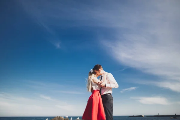 Sposa affascinante, sposo elegante su paesaggi di montagne e mare Splendida coppia nuziale — Foto Stock