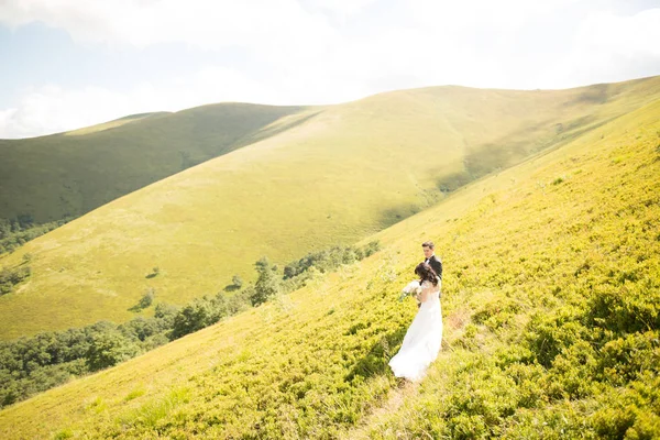 Casal de casamento beijando ficar sobre bela paisagem — Fotografia de Stock