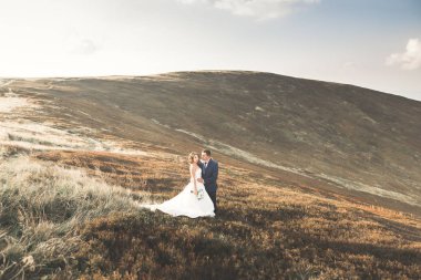 Düğün gününde damadın ve gelinin dağların eteklerinde mutlu mesut evlenecekler. Doğada mutlu evlilikler, yumuşak güneşli ışıklar.
