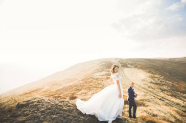 Bir dağın tepesinde günbatımında poz güzel düğün çifti