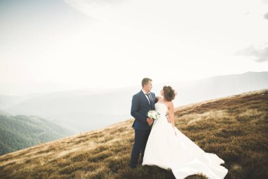 Bir dağın tepesinde günbatımında poz güzel düğün çifti