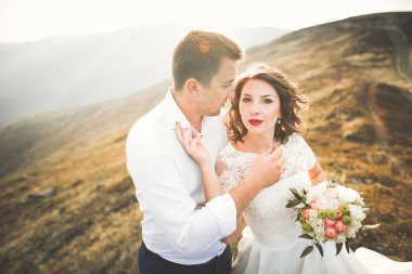 Güzel dağlarda poz veren mutlu bir düğün çifti.