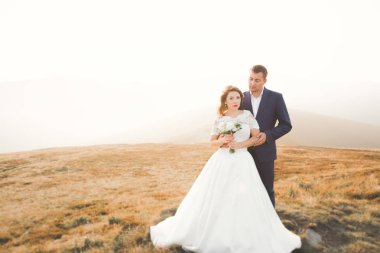 Yeni evli çift, gelin ve damat öpüşüyor, mükemmel dağ manzarasında sarılıyorlar, mavi gökyüzü