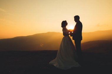 Düğün çifti düğün gün batımında poz. Gelin ve damat aşık