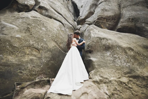 結婚式のカップルで愛キスと抱擁近くの岩で美しい風景 — ストック写真