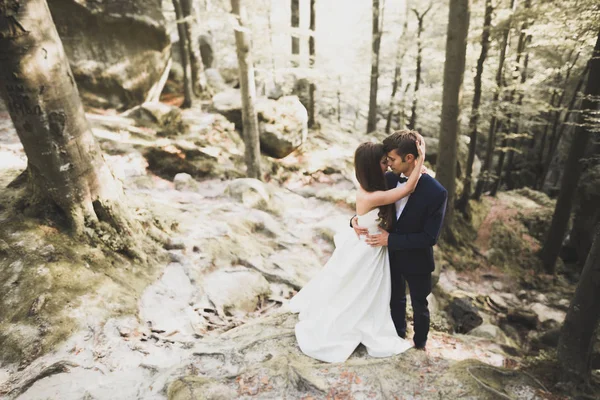 Preciosa novia, novio besándose y abrazándose cerca de los acantilados con impresionantes vistas — Foto de Stock