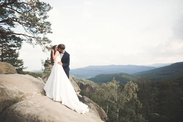 岩の崖の背景でポーズ美しい幸せな若い結婚式のカップル — ストック写真