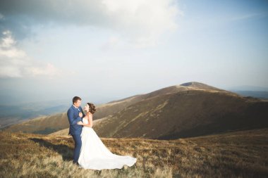 Düğün çifti düğün gün batımında poz. Gelin ve damat aşık