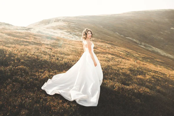 Felice bella sposa fuori su un prato estivo al tramonto con vista perfetta — Foto Stock