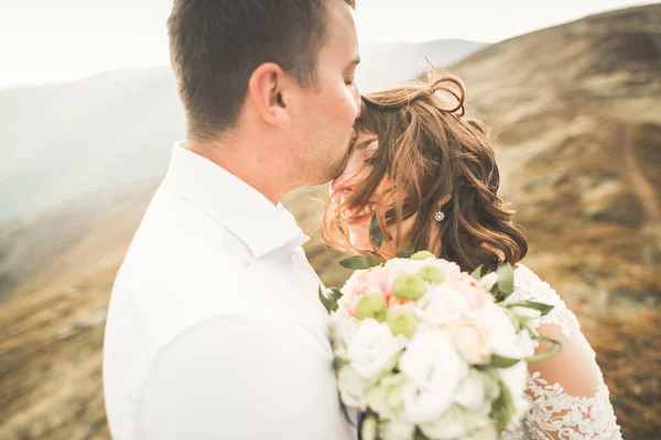 Joyeux couple de mariage posant sur un beau paysage dans les montagnes — Photo