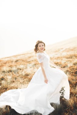 Gün batımında dağ zemin üzerine bir buket ile güzel gelin