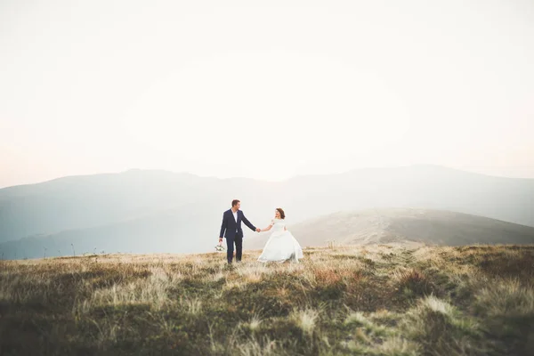 Glad bröllop par poserar över vackra landskap i bergen — Stockfoto