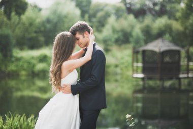 Şık düğün günü parkta poz mutlu yeni evliler birkaç