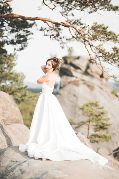 Hermosa novia con un ramo posando en el bosque con rocas. Al aire libre — Foto de Stock