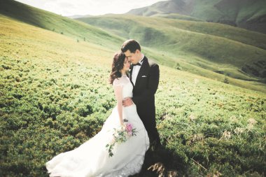 Yeni evli çift, gelin ve damat öpüşüyor, mükemmel dağ manzarasında sarılıyorlar, mavi gökyüzü