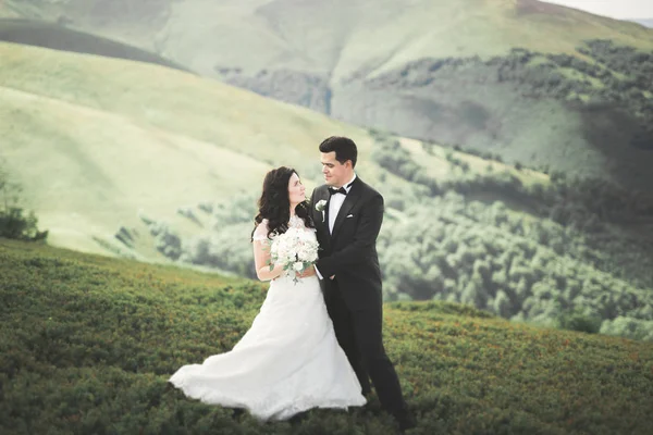 美丽的新婚夫妇，新娘和新郎，在爱情上的山脉背景 — 图库照片