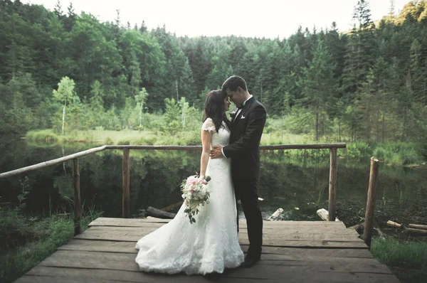 Mariée charmante, marié élégant sur des paysages de montagnes et coucher de soleil au lac. Superbe couple de mariage — Photo