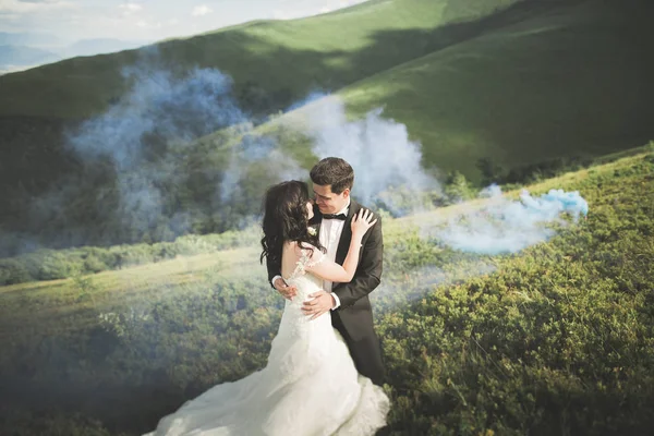 Красива весільна пара, наречена і наречена, закохані на тлі гір — стокове фото