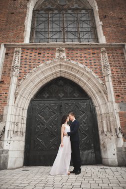 Muhteşem düğün çift, Gelin, damat yakınındaki eski kapısı bina poz