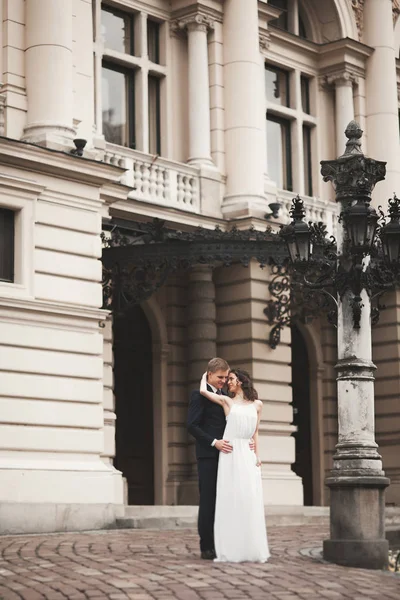 美しい結婚式のカップル、花嫁、新郎キスしてハグを劇場の背景 — ストック写真